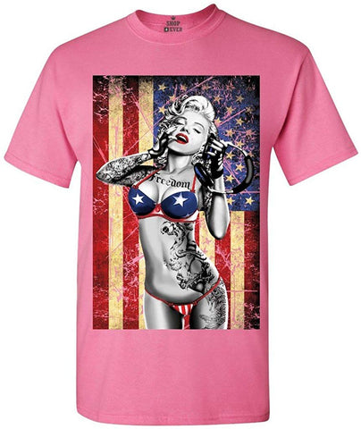Marilyn Bikini American Flag T-Shirt Pink